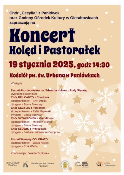 Koncert kold i pastoraek 19 stycznia o godz 1430 w kociele pw w Urbana w Paniwkach