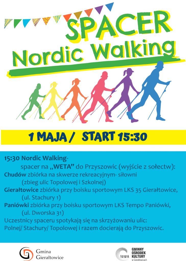 Zapraszamy na SPACER Nordic Walking NA WETA do Przyszowic
1 MAJA- START 15:30
Wyjście z sołectw o 15:30:
Chudów zbiórka na skwerze rekreacyjnym- siłowni (zbieg ulic Topolowej Szkolnej)
Gierałtowice zbiórka przy boisku sportowym LKS 35 Gierałtowice, (ul. Stachury 1)
Paniówki zbiórka przy boisku sportowym LKS Tempo Paniówki, (ul. Dworska 31)
Uczestnicy spaceru spotykają się na skrzyżowaniu ulic: Polnej/ Stachury/ Topolowej razem docierają do Przyszowic.