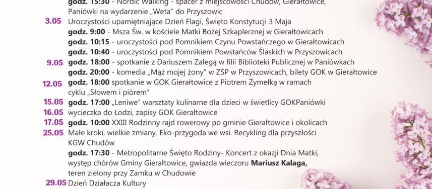 MAJ 2025 planowane wydarzenia w gminie Gieratowice 0105 godz 1330  Weta 2025 wydarzenie plenerowe w Przyszowicach godz 1530  Nordic Walking  spacer z miejscowoci Chudw Gieratowice Paniwki na wydarzenie Weta do Przyszowic 0305 uroczystoci upamitniajce Dzie Flagi RP wito Konstytucji 3 Maja godz 900  Msza w w kociele pw Matki Boej Szkaplerznej w Gieratowicach godz 1015  uroczystoci pod Pomnikiem Czynu Powstaczego w Gieratowicach godz 1040  uroczystoci pod Ponikiem Powstacw lskich Przyszowicach 0905 godz 1800  spotkanie z Dariuszem Zaleg w filii Biblioteki Publicznej w Paniwkach godz 2000  komedia M mojej ony w Zespole SzkolnoPrzedszkolnym w Przyszowicach 1205 godz 1800  spotkanie w GOK Gieratowice z Piotrem ymek w ramach cyklu Sowem i pirem 1505 godz 1700  Leniwe warsztaty kulinarne dla dzieci w wietlicy GOK Paniwki 1605 wycieczka do odzi wycieczka autokarowa GOK Gieratowice 1705 godz 1000  XXIII Rodzinny rajd rowerowy po gminie Gieratowice i okolicach 2505 Mae kroki wielkie zmiany Ekoprzygoda we wsi Recykling dla przyszoci KGW Chudw godz 1730  Metropolitalne wito Rodziny  Koncert z okazji Dnia Matki wystp chrw Gminy Gieratowice gwiazda wieczoru Mariusz Kalaga teren zielony przy Zamku w Chudowie 2905 Dzie Dziaacza Kultury 3105 Turniej z okazji Dnia Dziecka organizowany przez LKS Gwiazda Chudw Festyn Rodzinny organizowany przez Zesp SzkolnoPrzedszkolny w Gieratowicach Festyn Rodzinny zorganizowany przez Rad Rodzicw Przedszkola i Rad Rodzicw Szkoy Podstawowej w Przyszowicach