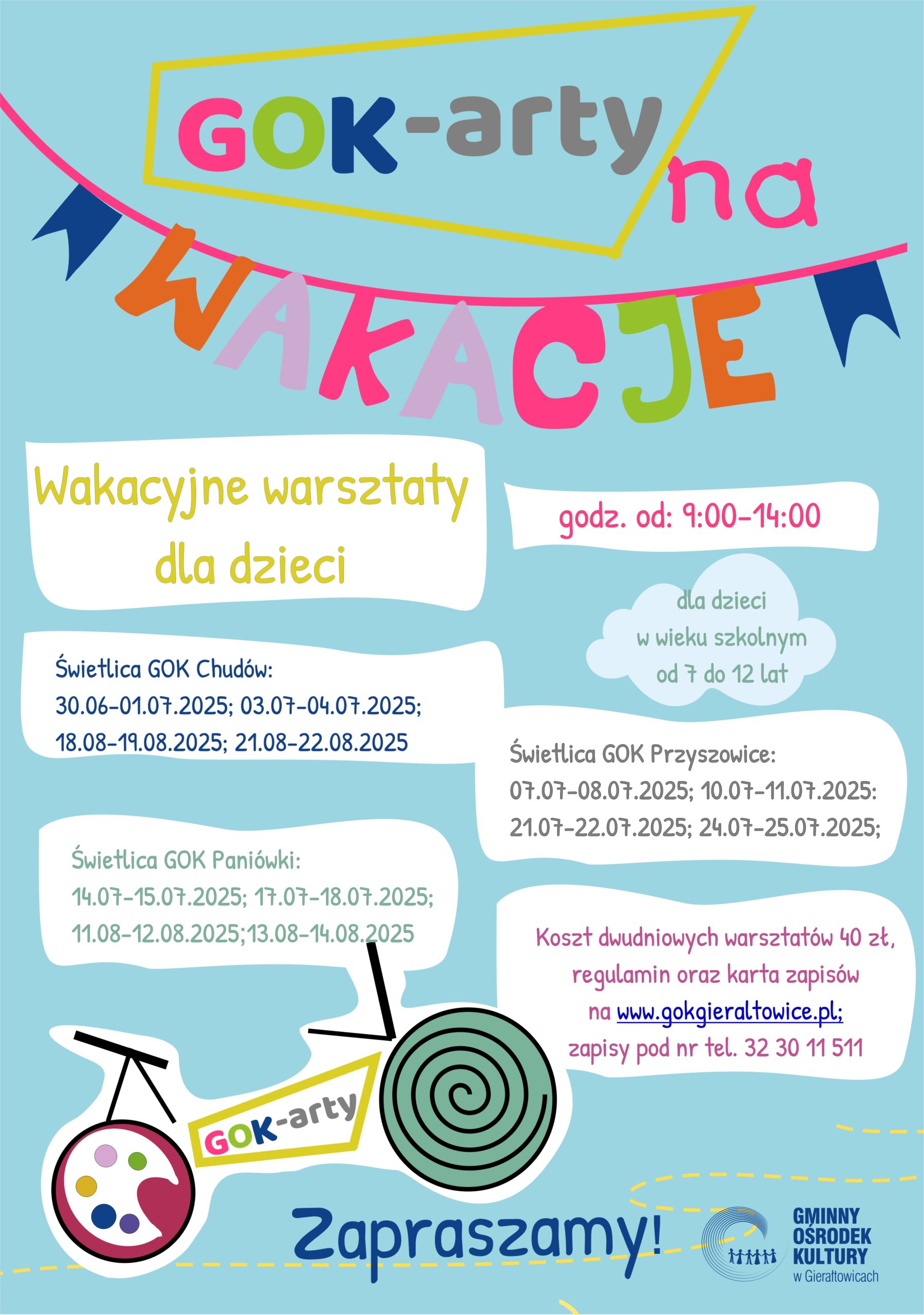Plakat informaycjny - Wakacyjne warsztaty GOK- arty