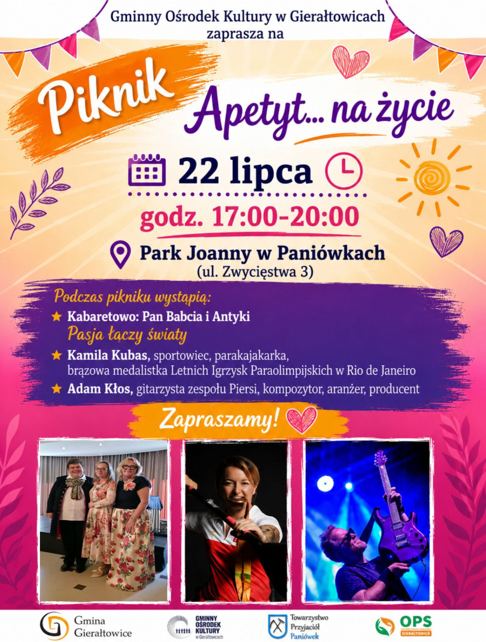 Piknik Apetyt na życie, 22 lipca, w godzinach od 17:00-20:00, w Parku Joanny w Paniówkach, zapraszamy na spotkanie z Panem Babcią i Antykami oraz Kamilą Kubas oraz Adamem Kłosem. Wstęp wolny