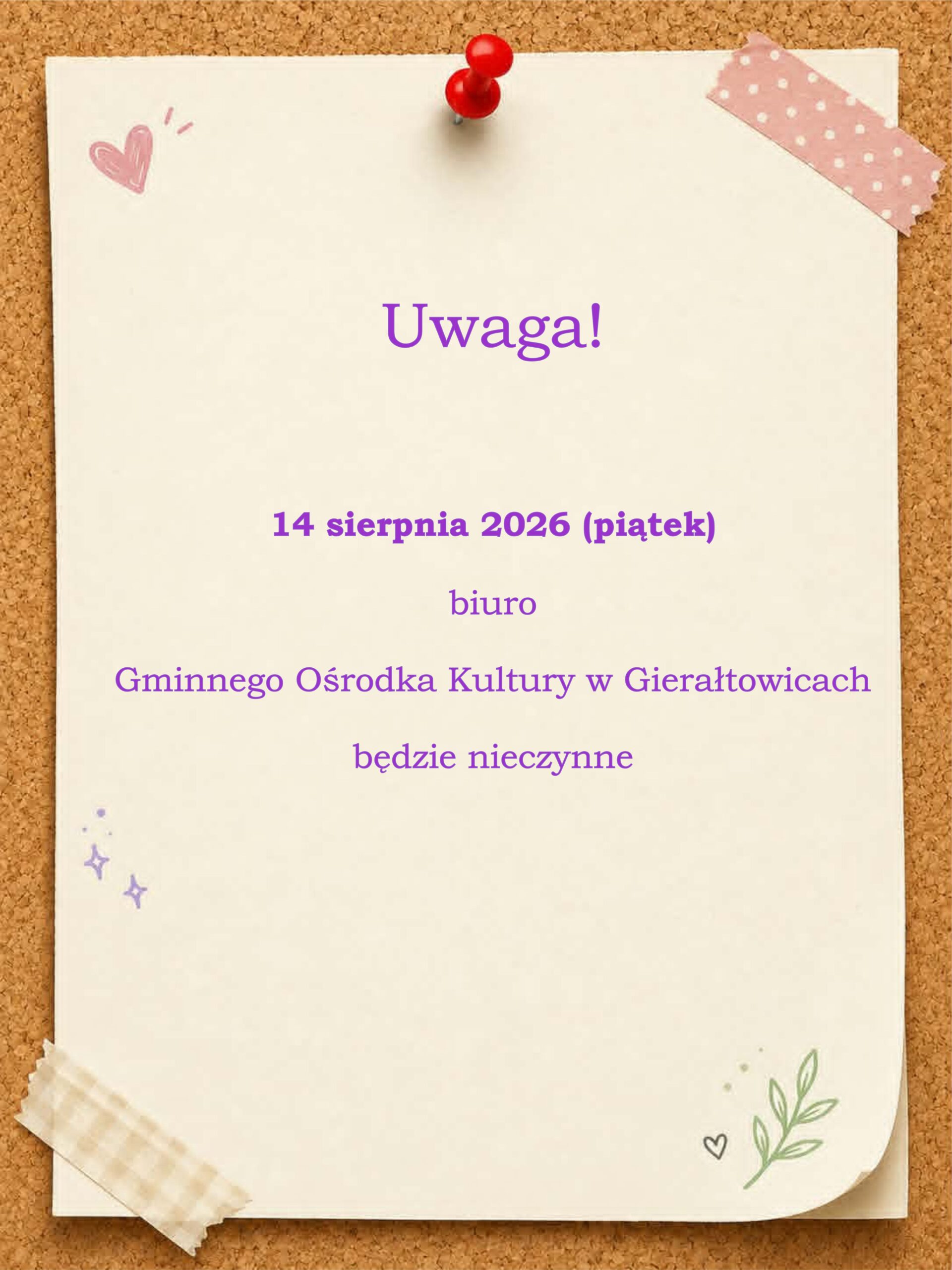 Informacja, 14 sierpnia biuro GOK będzie nieczynne!